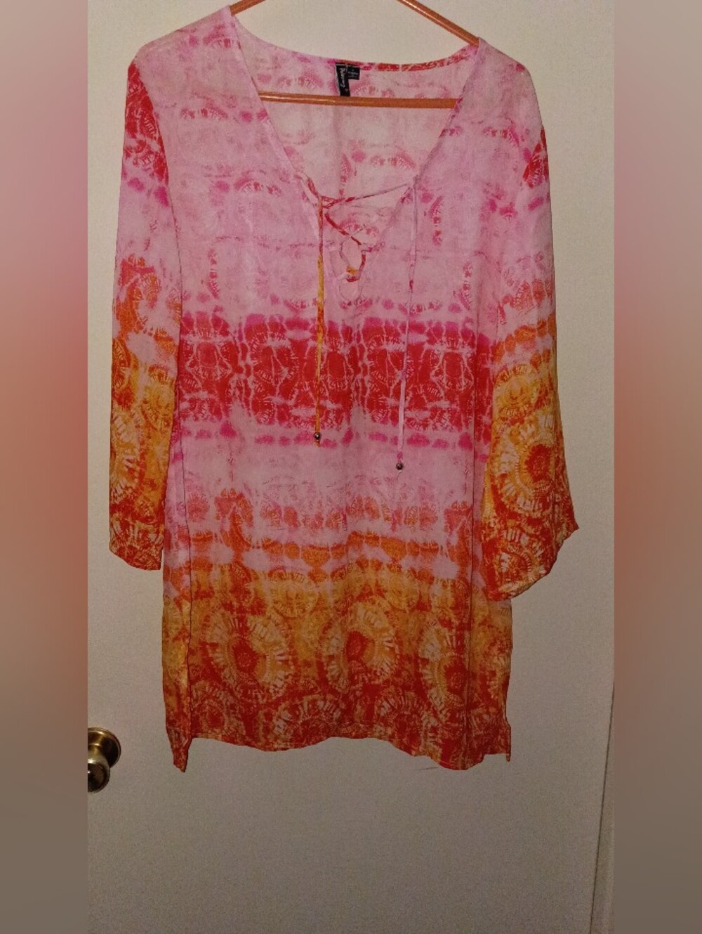 Lightweight Pink Orange Tie-Dye Swim Coverup with Lace-Up Neck